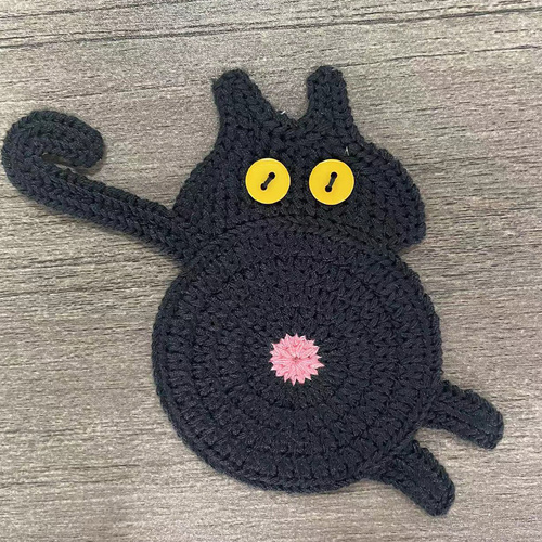 4 Pcs Black Cute Cat Butt Knitted Coaster - Lightweight Crochet Drink Mat, 15x10cm - Main Image