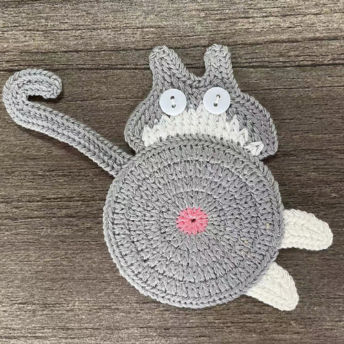 4 Pcs Grey And White Cute Cat Butt Knitted Coaster - Lightweight Crochet Drink Mat, 15x10cm - Main Image