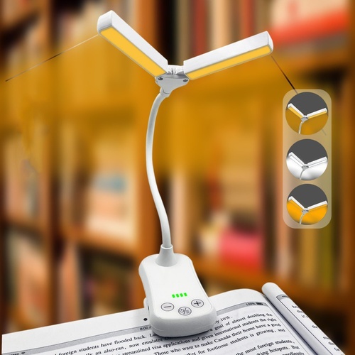 White Rechargeable Dual-Head Clip-On Book Light - Touch Control Reading Lamp with Eye Protection - Main Image