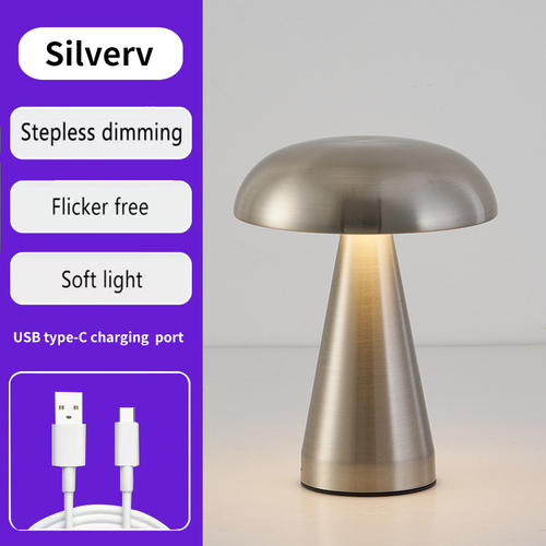 Silver Metal Mushroom Table Lamp - Rechargeable Touch Control Ambient Light with Remote - Main Image