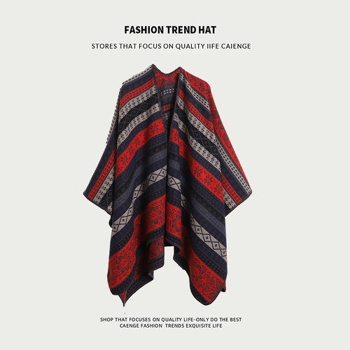 Red And Navy Ethnic Boho Shawl for Women - Stylish Split Cape for Travel and Cooling Rooms - Main Image