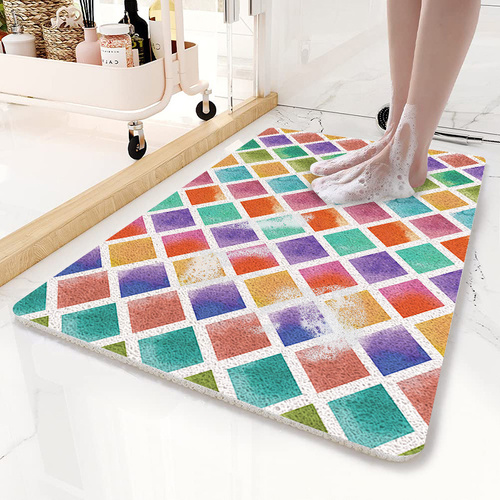 Colorful Diamond Pattern  PVC Non-Slip Bath Mat 45x75cm - Shower Drain Hole Design, Soft & Quick-Dry Bathroom Rug - Main Image