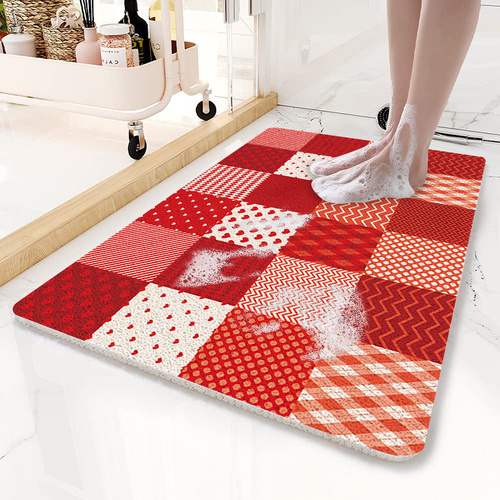 Red Checkered Pattern  PVC Non-Slip Bath Mat 45x75cm - Shower Drain Hole Design, Soft & Quick-Dry Bathroom Rug - Main Image