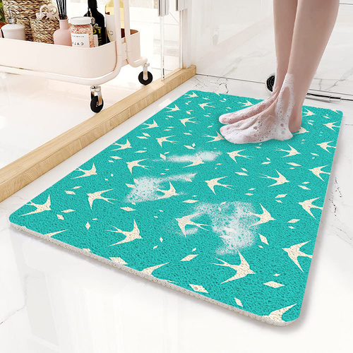 Teal Flying Bird Pattern  PVC Non-Slip Bath Mat 50x80cm - Shower Drain Hole Design, Soft & Quick-Dry Bathroom Rug - Main Image