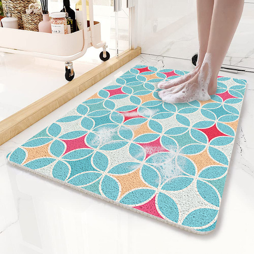 Blue Circular Pattern  PVC Non-Slip Bath Mat 50x80cm - Shower Drain Hole Design, Soft & Quick-Dry Bathroom Rug - Main Image