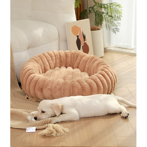 Khaki Plush Pet Bed - 40cm Round Dog & Cat Mat, Cozy PP Cotton Filled, Comfortable Pet Supplies - Main Image