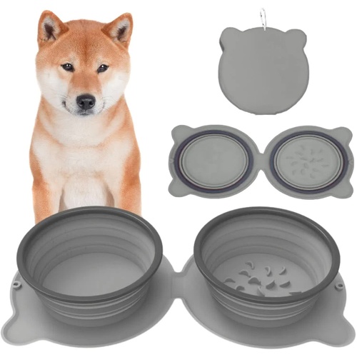 Grey Portable Collapsible Pet Bowl Set - Food-Grade Silicone Double Bowl for Dogs & Cats, Anti-Slip & Easy to Clean - Main Image