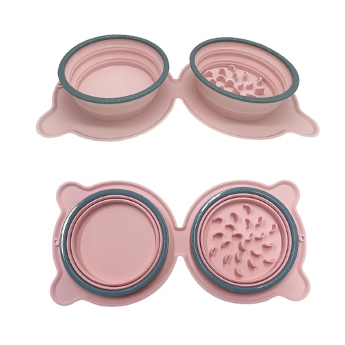 Pink Portable Collapsible Pet Bowl Set - Food-Grade Silicone Double Bowl for Dogs & Cats, Anti-Slip & Easy to Clean - Main Image