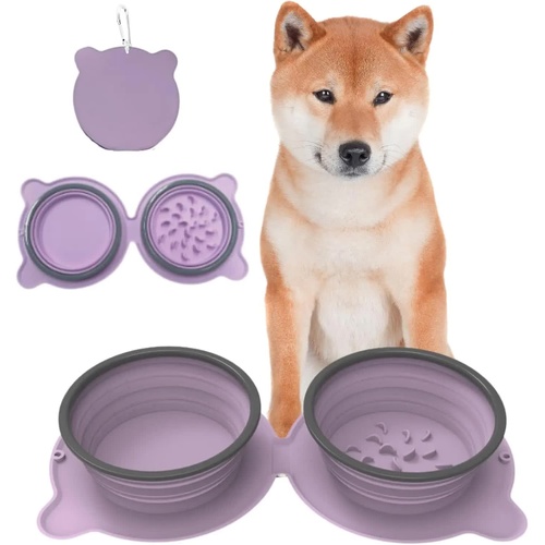 Purple Portable Collapsible Pet Bowl Set - Food-Grade Silicone Double Bowl for Dogs & Cats, Anti-Slip & Easy to Clean - Main Image