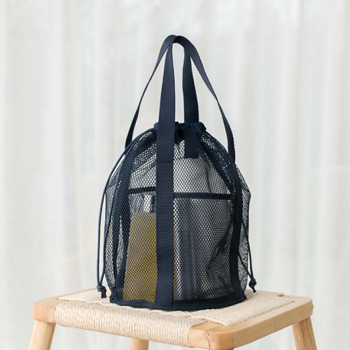 Navy Blue Lightweight Mesh Drawstring Beach Bag - Portable Travel Organizer for Toiletries and Essentials - Main Image