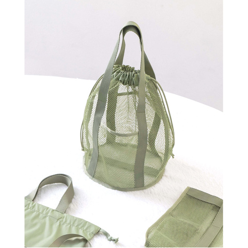 Green Lightweight Mesh Drawstring Beach Bag - Portable Travel Organizer for Toiletries and Essentials - Main Image