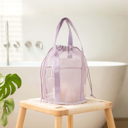 Purple Lightweight Mesh Drawstring Beach Bag - Portable Travel Organizer for Toiletries and Essentials - Main Image