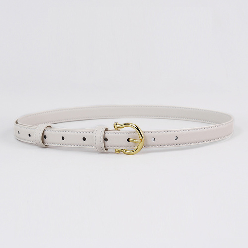 100CM White Elegant French Gold Buckle Genuine Leather Belt - Luxurious Lightweight Women's Waist Belt - Main Image