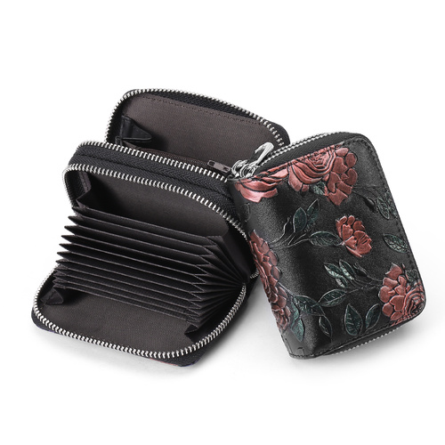 Black Background With Red Roses Floral Embossed Genuine Leather Card Holder - Large Capacity 10 Card Slots, RFID Blocking, Double Zipper Coin Pouch - Main Image