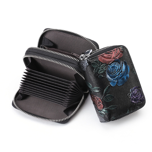 Black Background With Colorful Roses Floral Embossed Genuine Leather Card Holder - Large Capacity 10 Card Slots, RFID Blocking, Double Zipper Coin Pou - Main Image