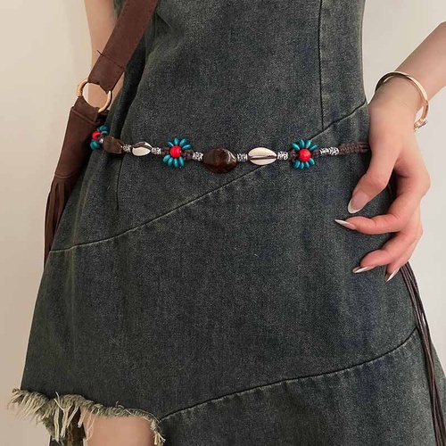 2 PCS Shell Red Beads Ethnic Style Waist Chain - Beaded Bohemian Belt for Women - Main Image