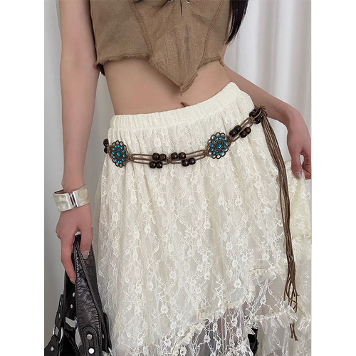 2 PCS Sapphire Wood Beads Ethnic Style Waist Chain - Beaded Bohemian Belt for Women - Main Image