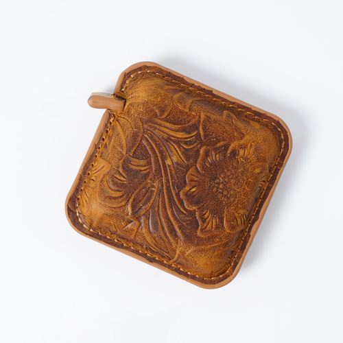 Yellow Brown Mini Leather Tape Measure - 1.5m/60in - Square With Pattern - Main Image