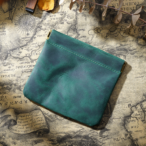 Dark Green Genuine Leather Coin Purse - Vintage Style Snap Closure Mini Pouch - Main Image