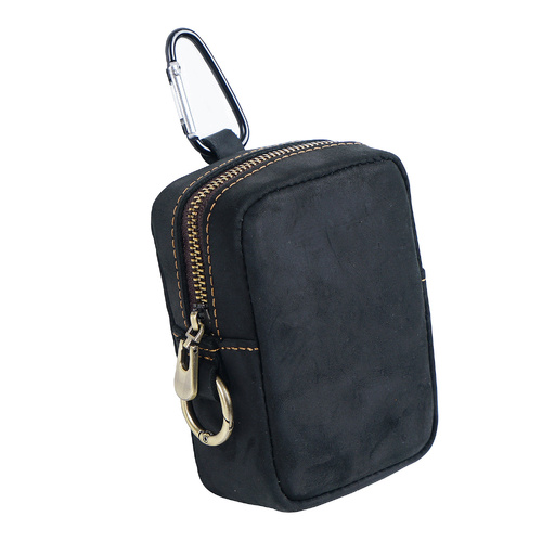 Black Genuine Leather Belt Pouch - Mini Waist Bag with Zipper and Carabiner - Main Image