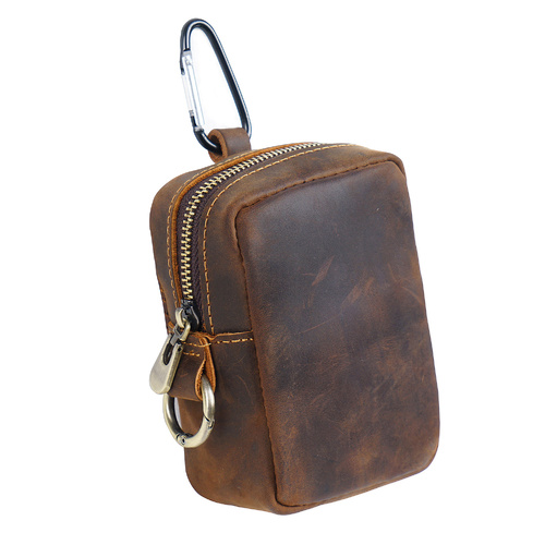 Coffee Genuine Leather Belt Pouch - Mini Waist Bag with Zipper and Carabiner - Main Image