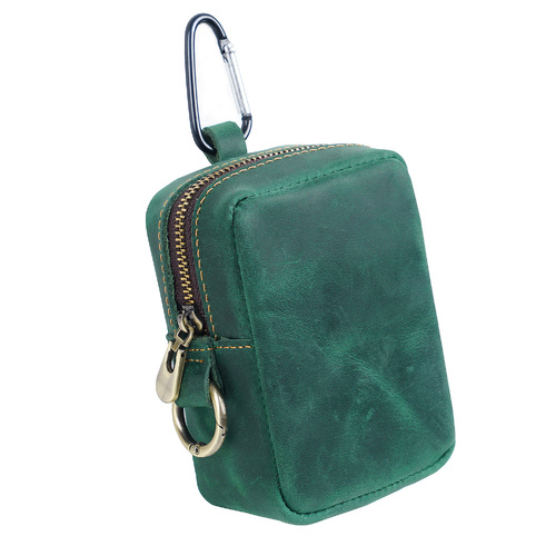 Dark Green Genuine Leather Belt Pouch - Mini Waist Bag with Zipper and Carabiner - Main Image
