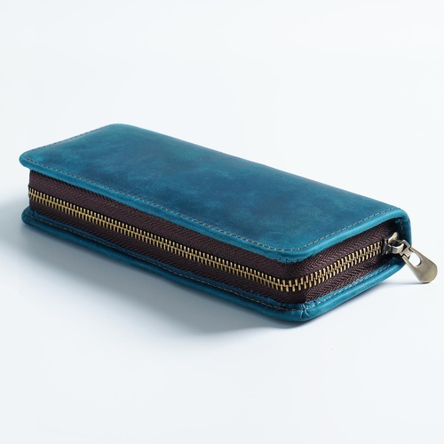 Blue Genuine Leather Pencil Case - Vintage Zip-Up Pen Holder with Elastic Loops - Main Image