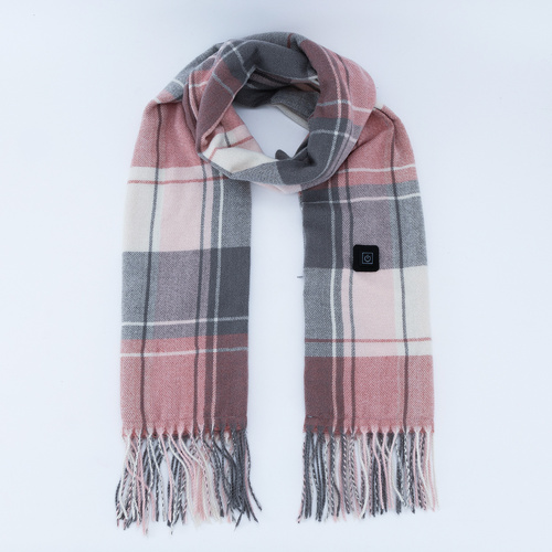 Gray And Pink Plaid Heated Scarf - Electric Warming Scarf, Winter Outdoor Essential (Without power bank) - Main Image