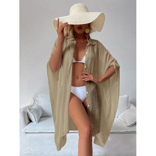 Khaki Summer Beach Cover-Up- Bamboo Cotton Sun Protection Cardigan - Main Image