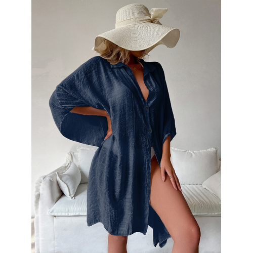 Navy Blue Summer Beach Cover-Up- Bamboo Cotton Sun Protection Cardigan - Main Image