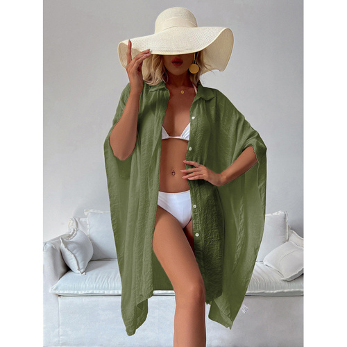 Military Green Summer Beach Cover-Up- Bamboo Cotton Sun Protection Cardigan - Main Image