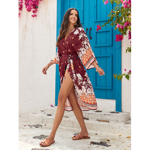 Orange Women's Lightweight Beach Cardigan-Floral Print Kimono - Main Image