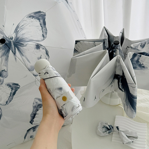 White Butterfly Mini 5-Fold Umbrella - Portable, Anti-UV, Black Glue Coating - Main Image