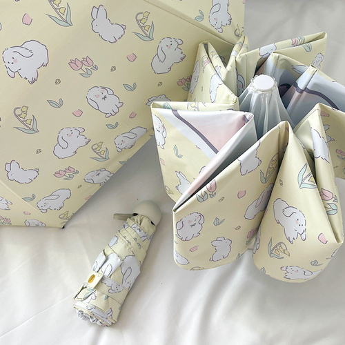 White Rabbit Mini 5-Fold Umbrella - Portable, Anti-UV, Black Glue Coating - Main Image