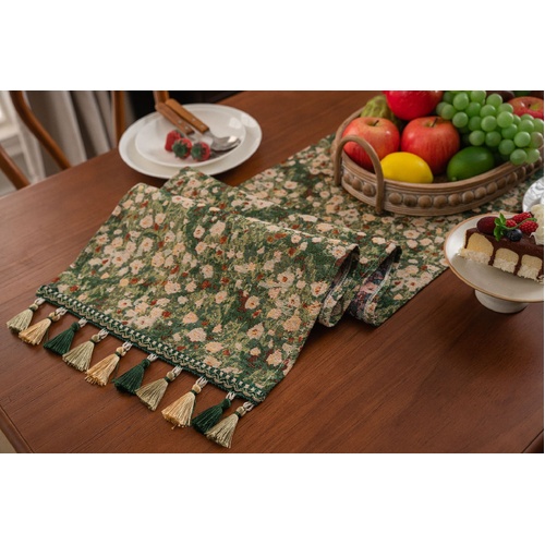 Floral Table Runner with Tassels - Jacquard Green Farmhouse Style (33x160cm) - Main Image