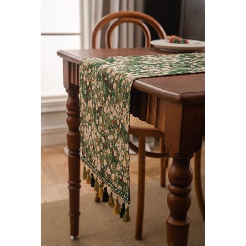 Floral Table Runner with Tassels - Jacquard Green Farmhouse Style (33x240cm) - Main Image