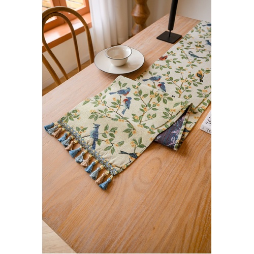 Birds & Branch Table Runner - Jacquard Woven Beige with Tassels(33X160CM) - Main Image