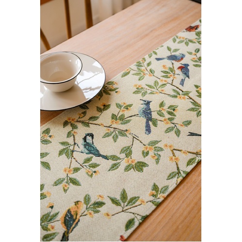 Birds & Branch Table Runner - Jacquard Woven Beige with Tassels(33X200CM) - Main Image