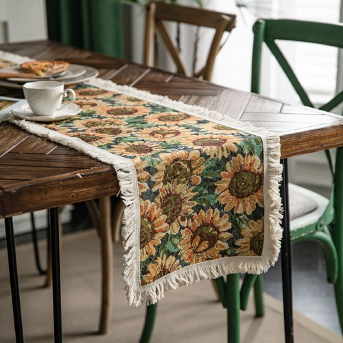 2 PCS Sunflower Table Runner with Fringe - Jacquard Woven Cotton Blend (30x120cm) - Main Image