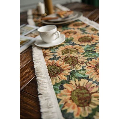 Sunflower Table Runner with Fringe - Jacquard Woven Cotton Blend (30x180cm) - Main Image