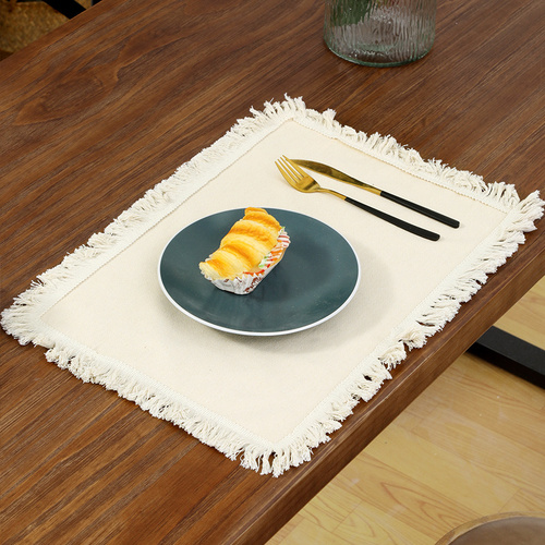 4 PCS Beige Cotton Linen Placemat with Fringe - Solid Color Table Mat for Dining (30x30cm) - Main Image
