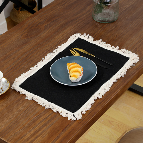 4 PCS Black Cotton Linen Placemat with Fringe - Solid Color Table Mat for Dining (45X30CM) - Main Image