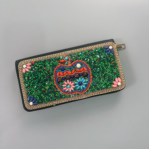 Green Apple Ethnic Style Beaded Clutch - Handmade Retro Wallet Style 3 - Main Image