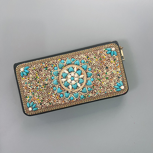 Beige Sunflower Ethnic Style Beaded Clutch - Handmade Retro Wallet Style 5 - Main Image