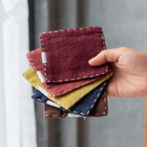 Brown Chinese Style Linen Coasters - Set of 5, Hand-Embroidered Tea Mats (9x9cm) - Main Image