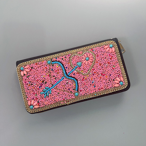 Pink Bow And Arrow Ethnic Style Beaded Clutch - Handmade Retro Wallet Style 9 - Main Image