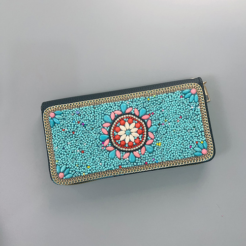Blue Flowers Ethnic Style Beaded Clutch - Handmade Retro Wallet Style 10 - Main Image