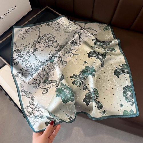 Green Pure Silk Scarf - Elegant Flower Design, Square Handkerchief (Style 3) - Main Image