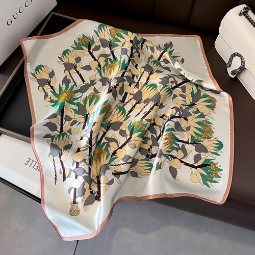 Yellow Pure Silk Scarf - Elegant Flower Design, Square Handkerchief (Style 4) - Main Image