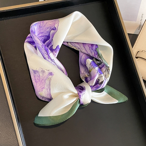 Purple Pure Silk Scarf - Elegant Flower Design, Square Handkerchief (Style 9) - Main Image